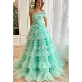 A-Line One Shoulder Tulle Ruffles Zipper-Up Prom Dress