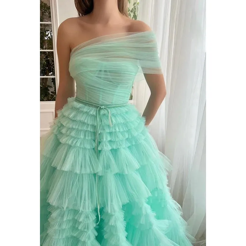 A-Line One Shoulder Tulle Ruffles Zipper-Up Prom Dress
