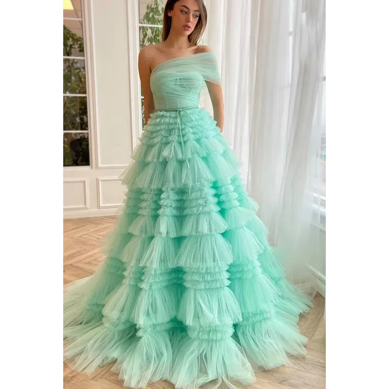 A-Line One Shoulder Tulle Ruffles Zipper-Up Prom Dress