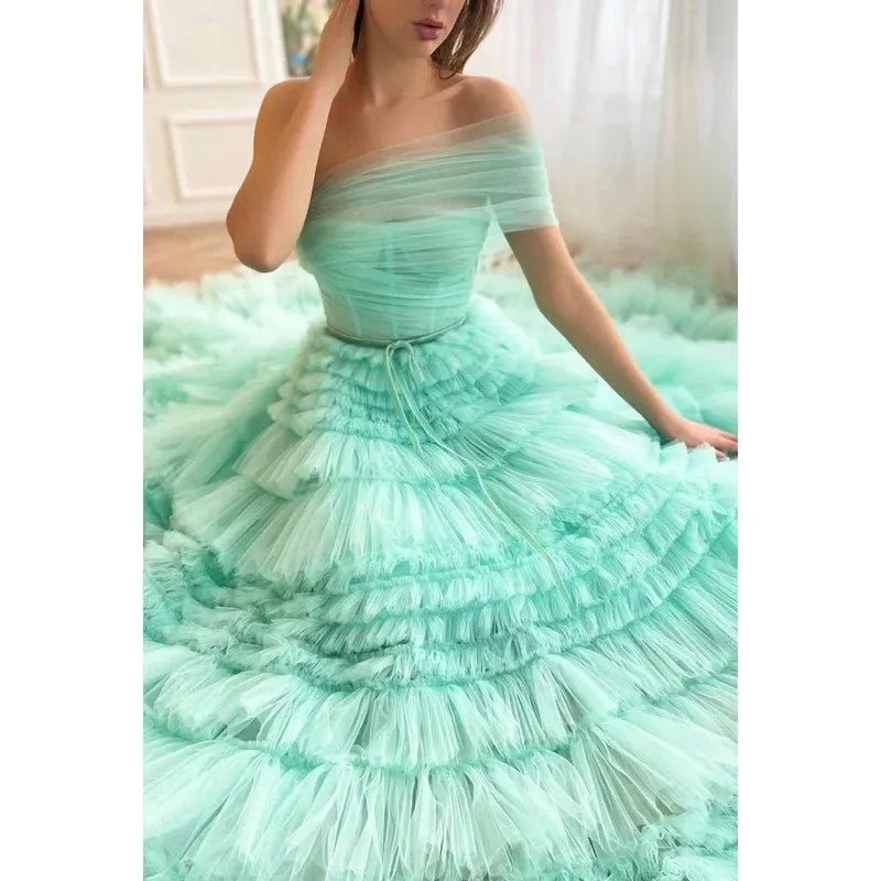A-Line One Shoulder Tulle Ruffles Zipper-Up Prom Dress
