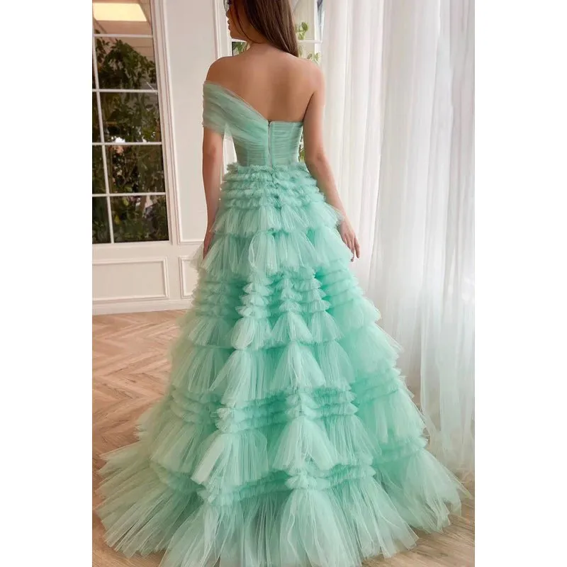 A-Line One Shoulder Tulle Ruffles Zipper-Up Prom Dress