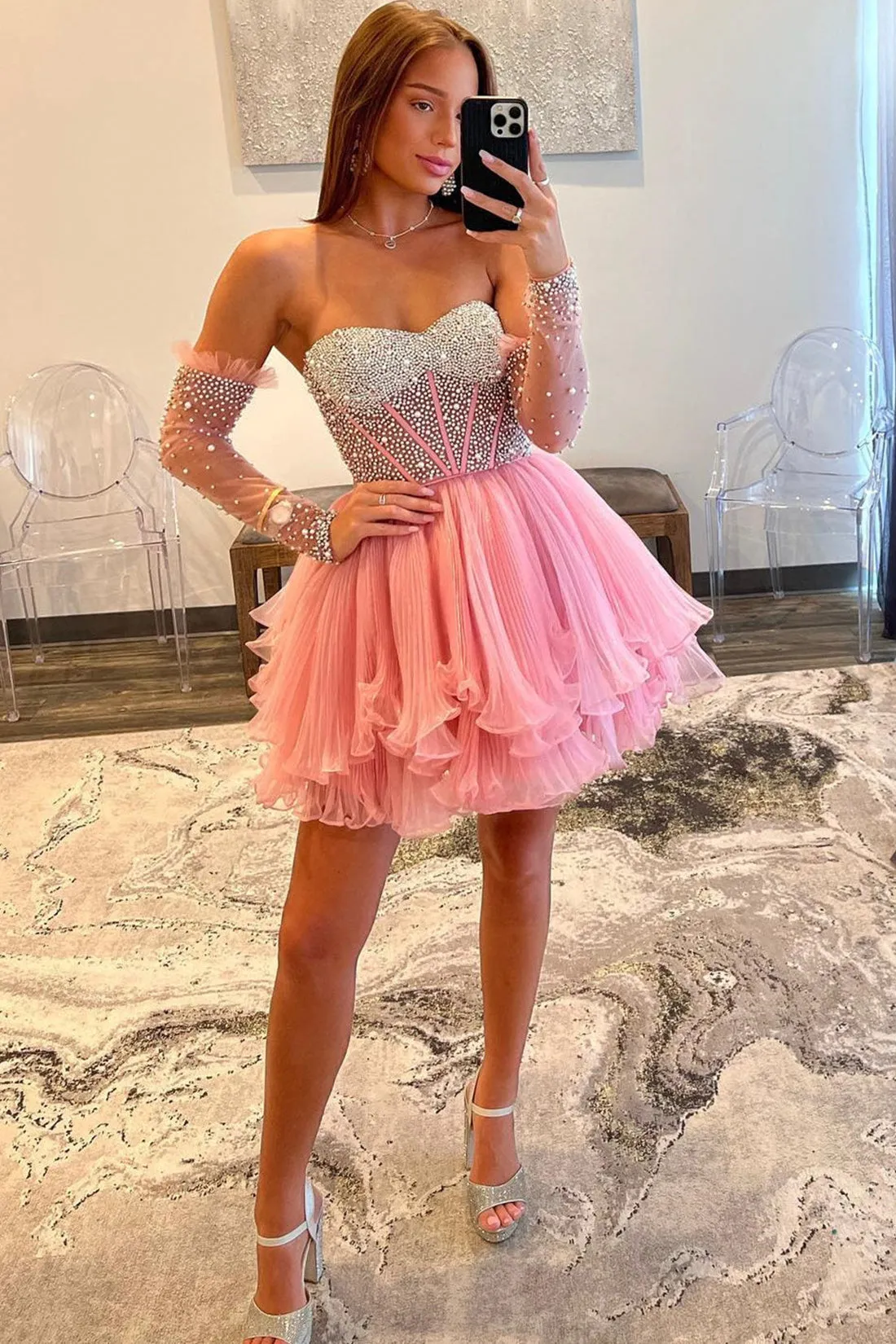 A-Line Sweetheart Beads Pink Long Sleeves Party Dress, Cute Homecoming Dress Vi1255