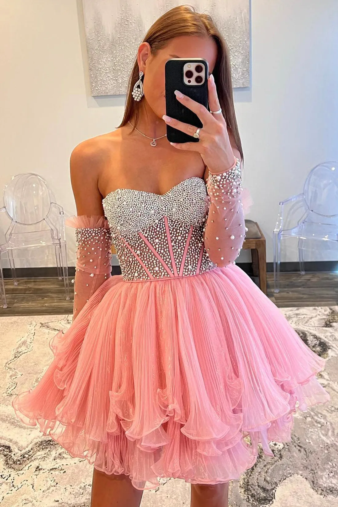 A-Line Sweetheart Beads Pink Long Sleeves Party Dress, Cute Homecoming Dress Vi1255