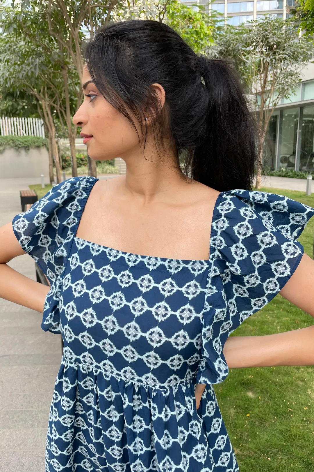 Alycia - Denim Blue and White Geometric Butterfly Sleeves Maxi Dress