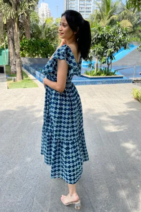 Alycia - Denim Blue and White Geometric Butterfly Sleeves Maxi Dress