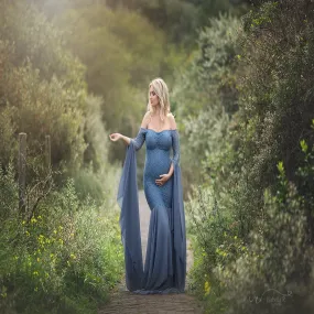Babymoon Stretchable Off Shoulder Dropping Sleeve Maternity Gown Dress | Blue