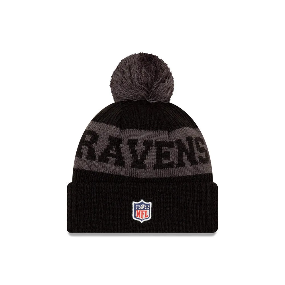 Baltimore Ravens New Era Black/Graphite 2020 NFL Sideline - Official Sport Pom Cuffed Knit Toque