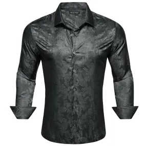 Barry Wang Black Dark Grey Paisley Silk Men's Button-Down Dinner Shirt