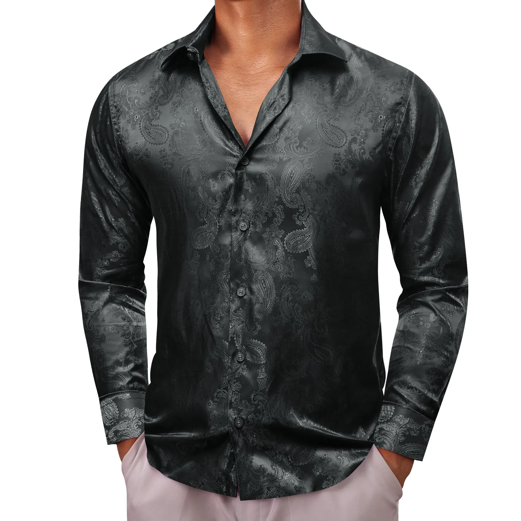 Barry Wang Black Dark Grey Paisley Silk Men's Button-Down Dinner Shirt