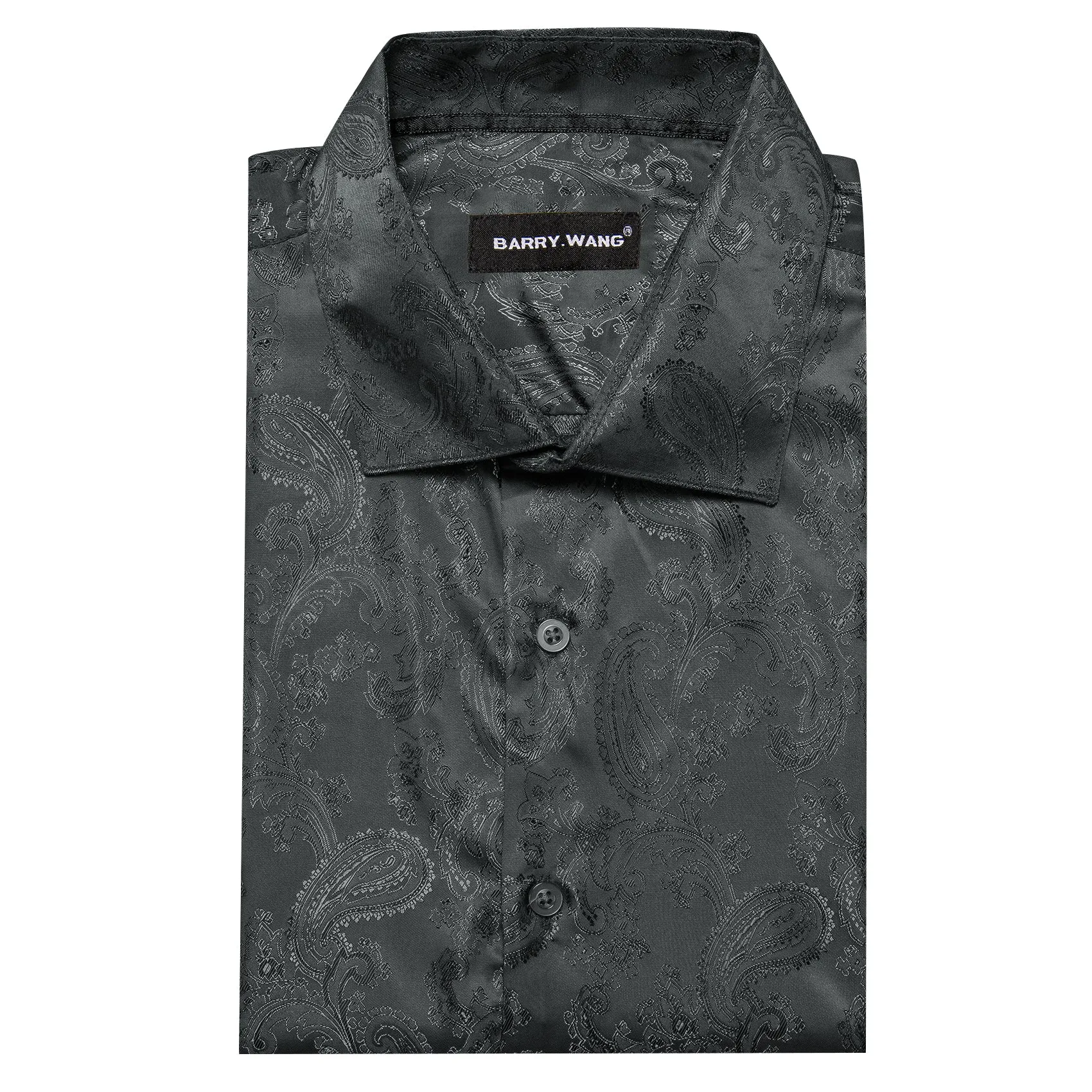 Barry Wang Black Dark Grey Paisley Silk Men's Button-Down Dinner Shirt