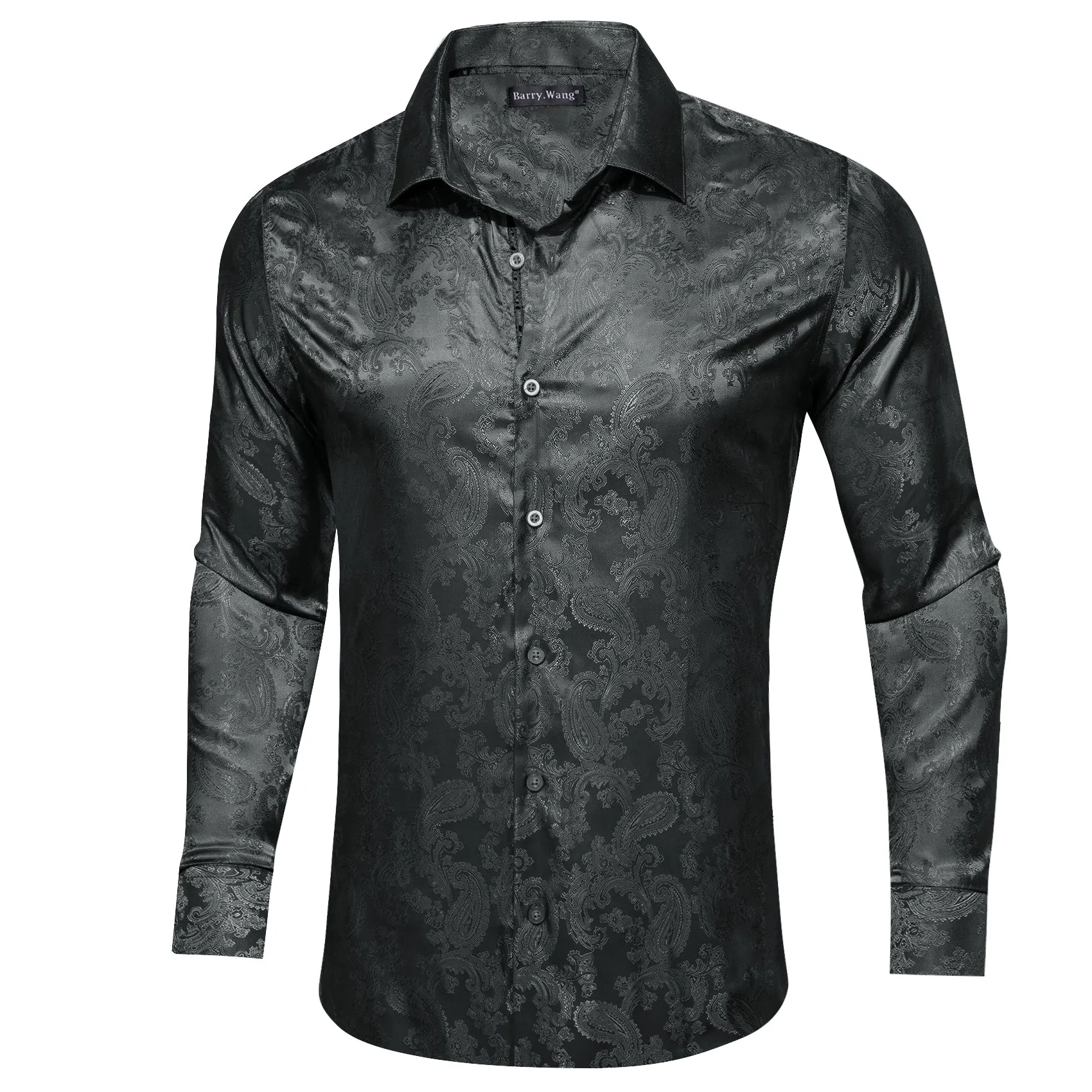 Barry Wang Black Dark Grey Paisley Silk Men's Button-Down Dinner Shirt