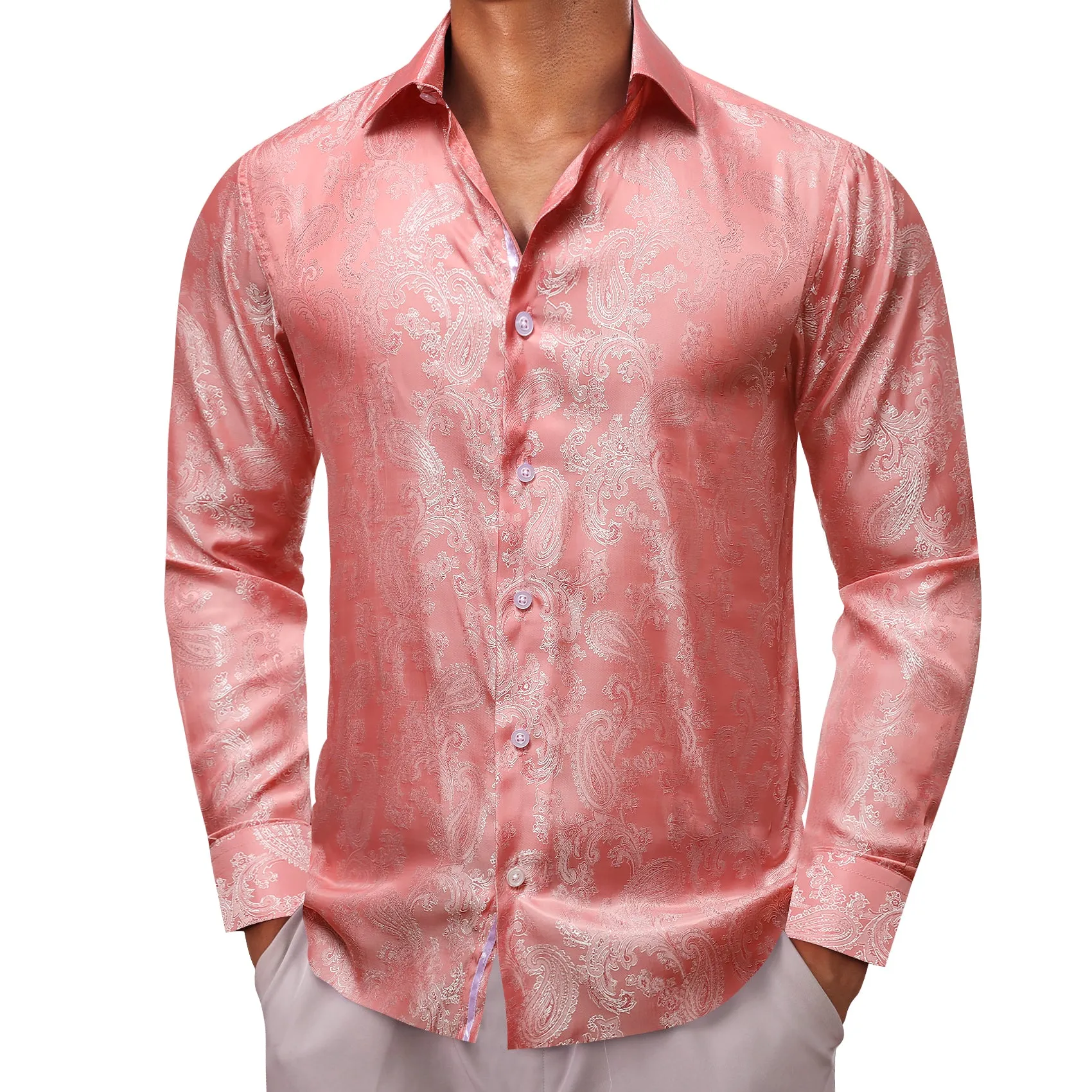 Barry Wang Pink Paisley Shirt Light Coral Silk Men's Button Up Shirt