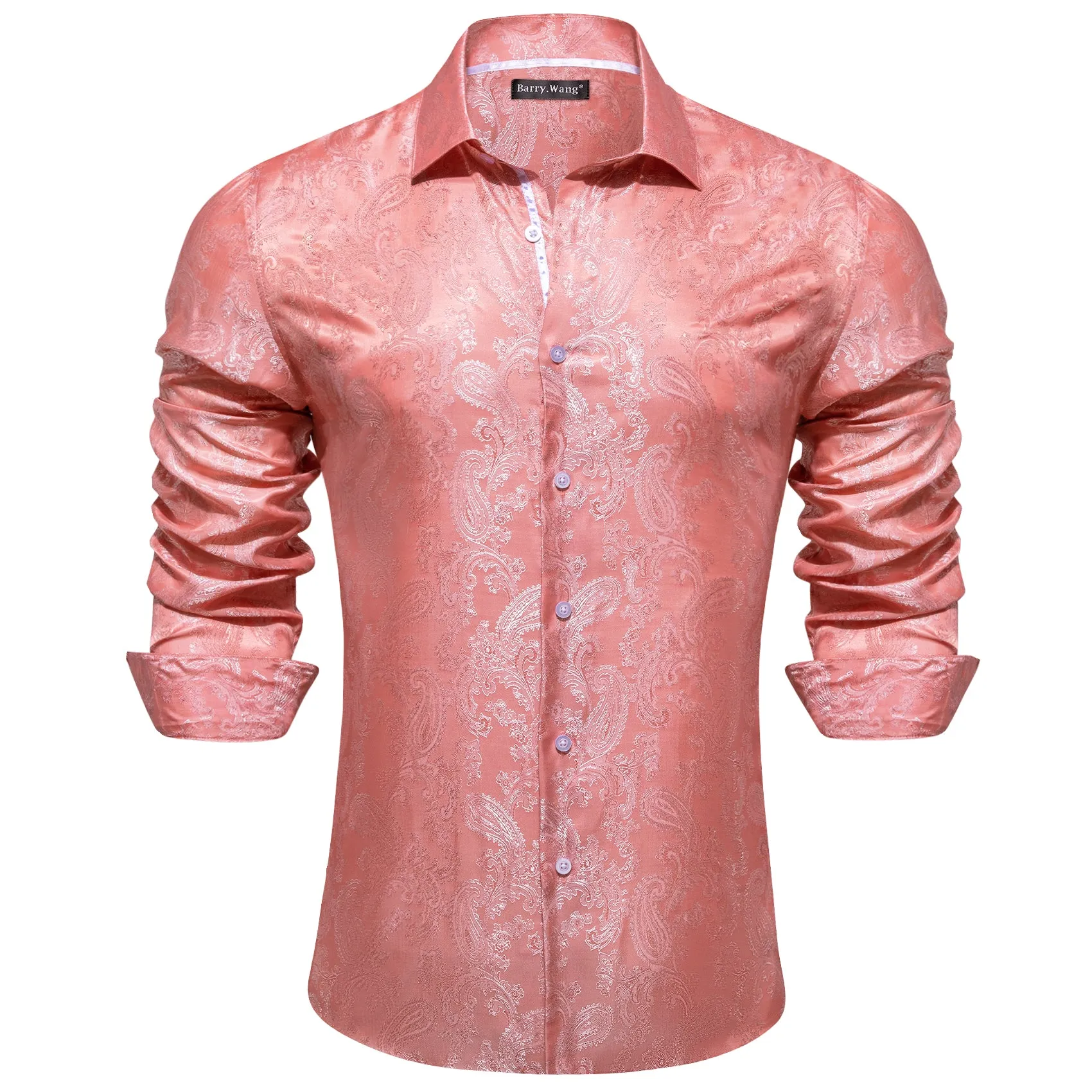 Barry Wang Pink Paisley Shirt Light Coral Silk Men's Button Up Shirt