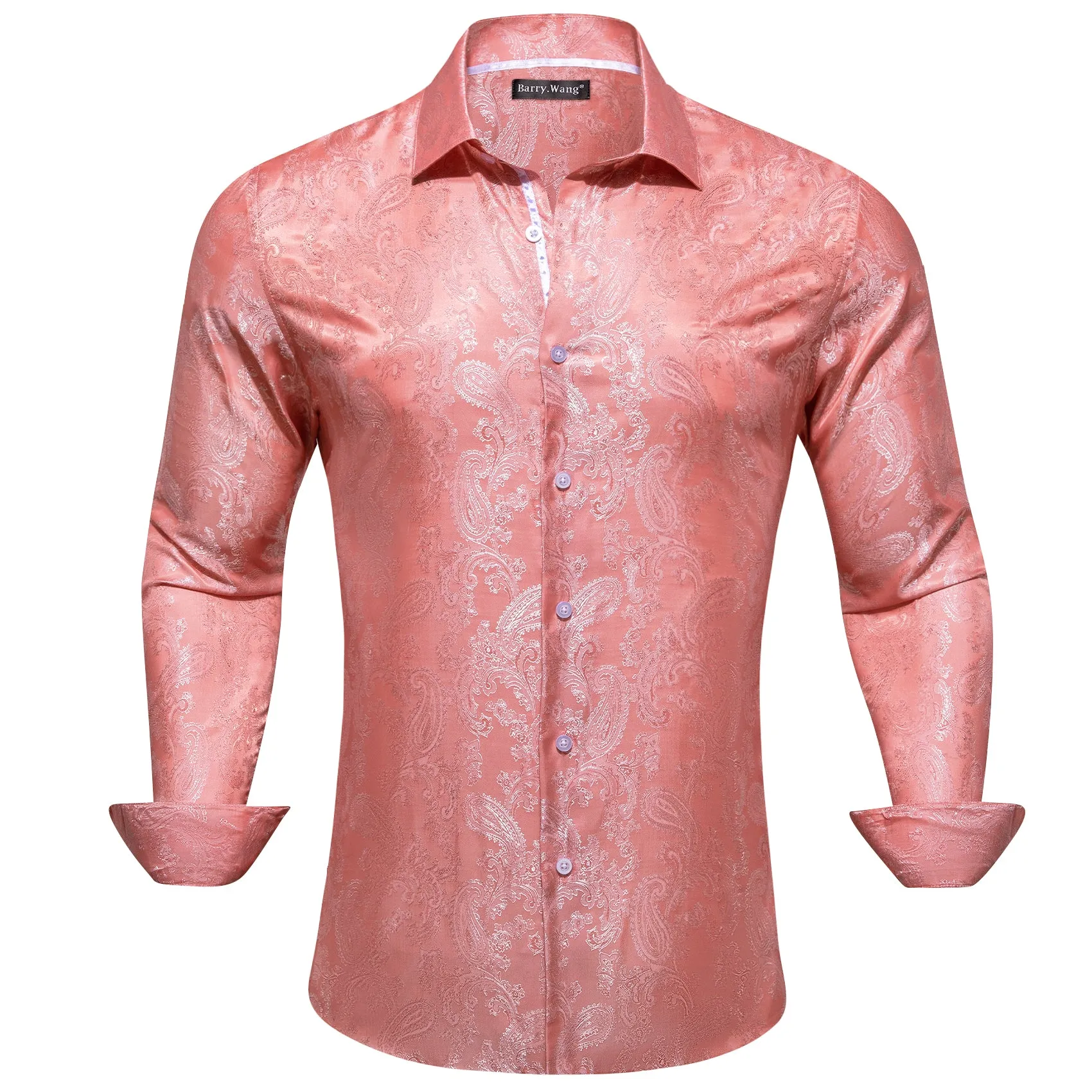 Barry Wang Pink Paisley Shirt Light Coral Silk Men's Button Up Shirt