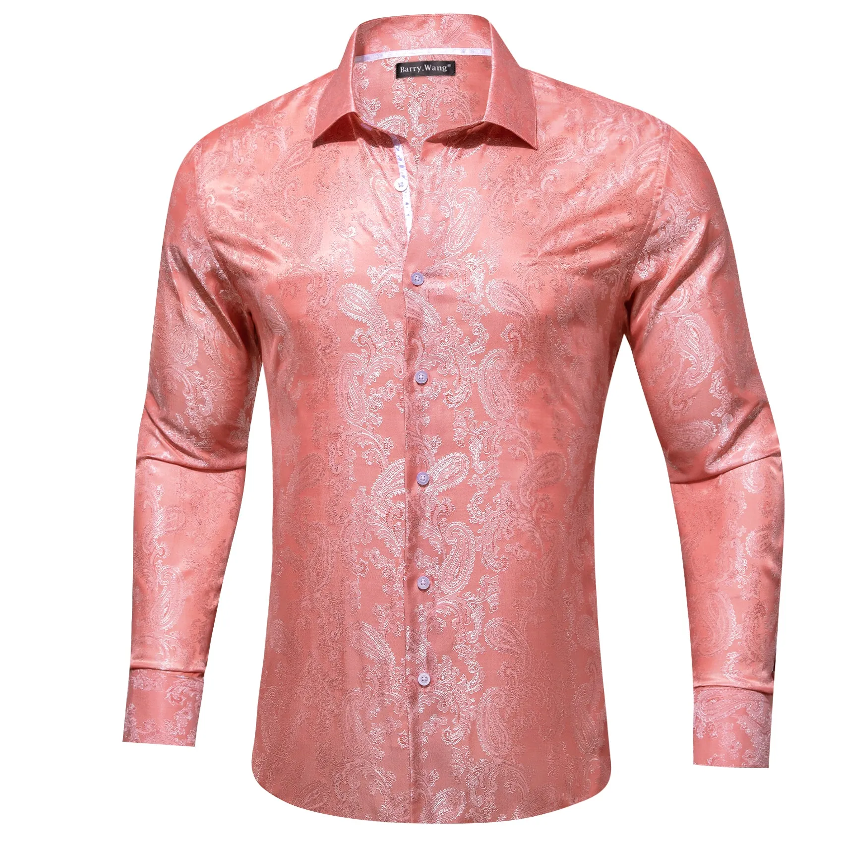 Barry Wang Pink Paisley Shirt Light Coral Silk Men's Button Up Shirt