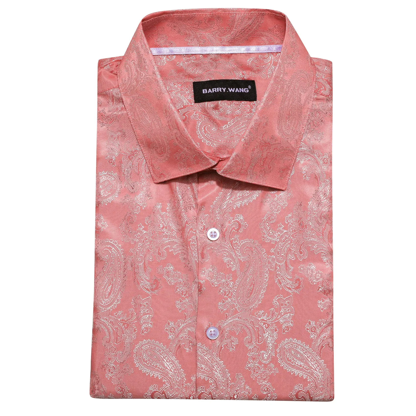 Barry Wang Pink Paisley Shirt Light Coral Silk Men's Button Up Shirt