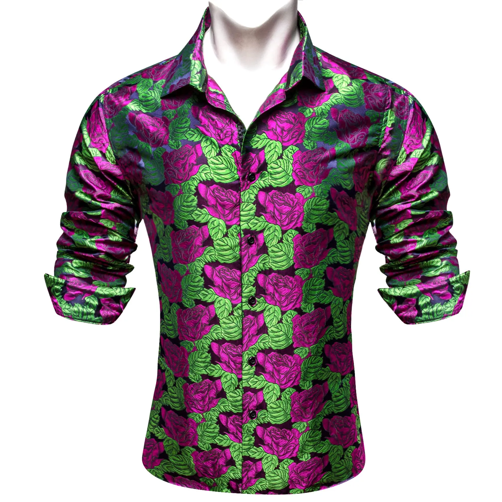 Barry Wang Purple Roses Dark Green Long Sleeve Shirt Men's Floral Top