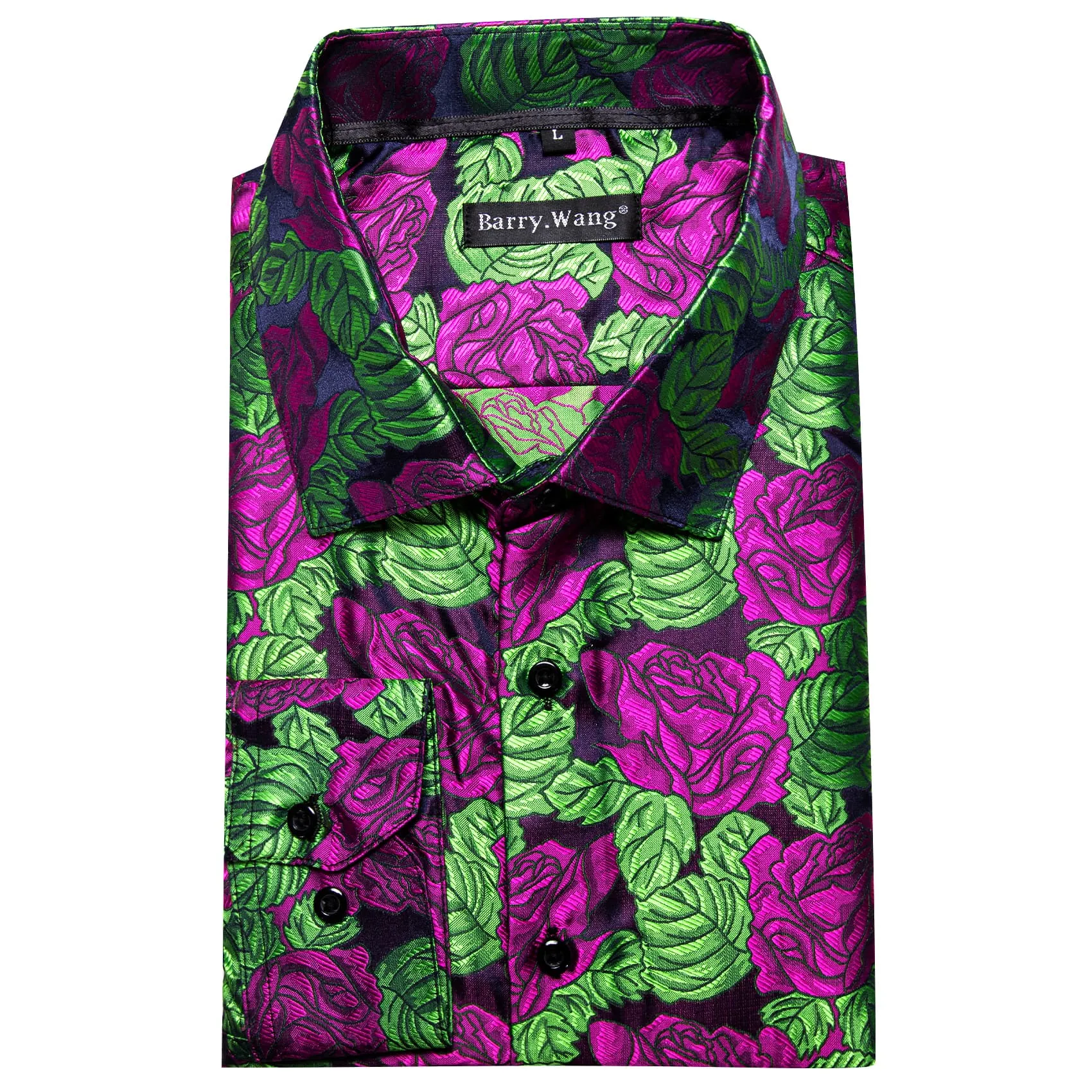 Barry Wang Purple Roses Dark Green Long Sleeve Shirt Men's Floral Top