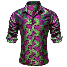 Barry Wang Purple Roses Dark Green Long Sleeve Shirt Men's Floral Top