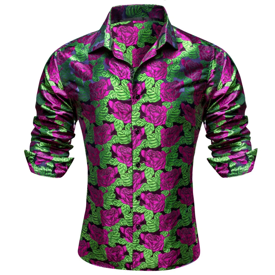 Barry Wang Purple Roses Dark Green Long Sleeve Shirt Men's Floral Top