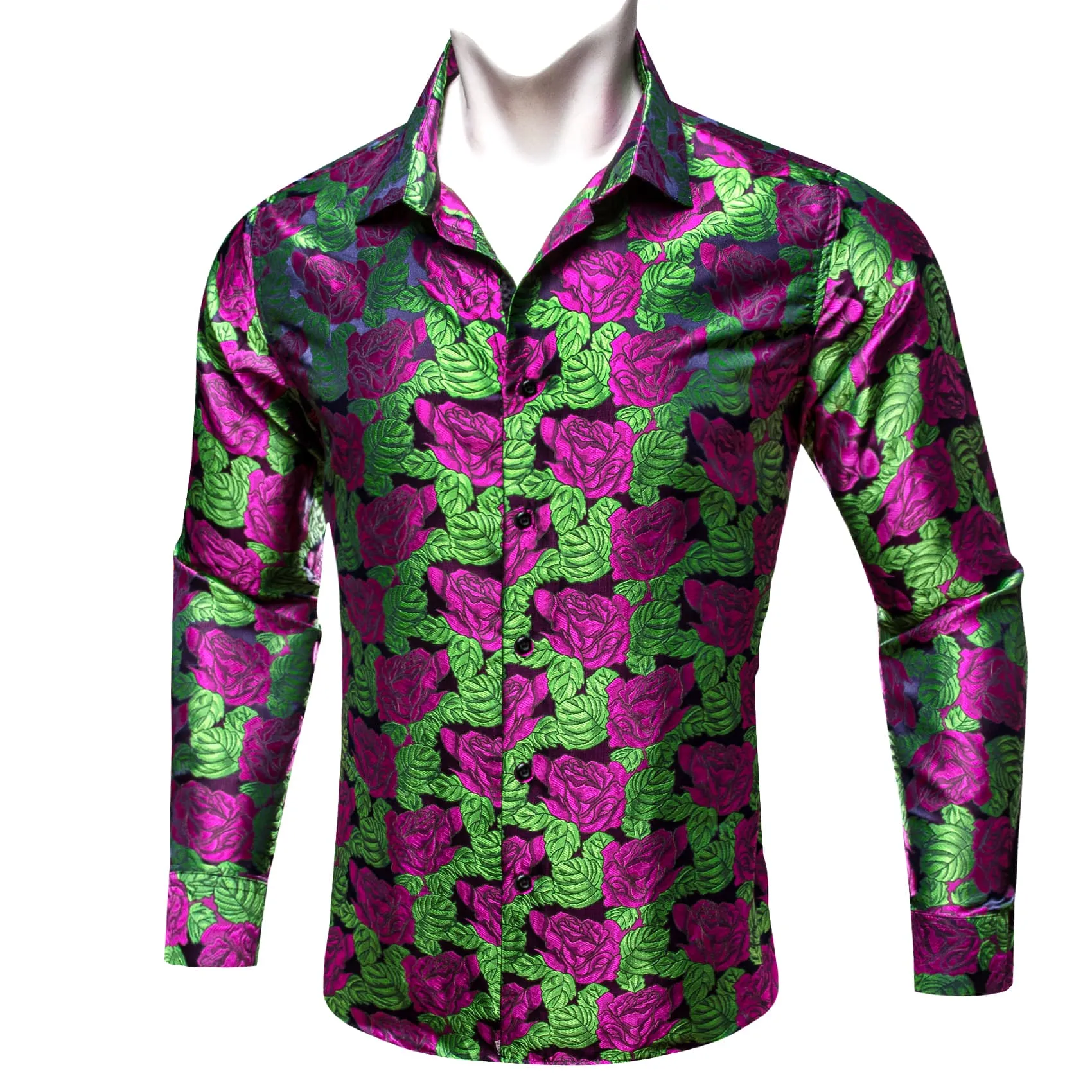 Barry Wang Purple Roses Dark Green Long Sleeve Shirt Men's Floral Top