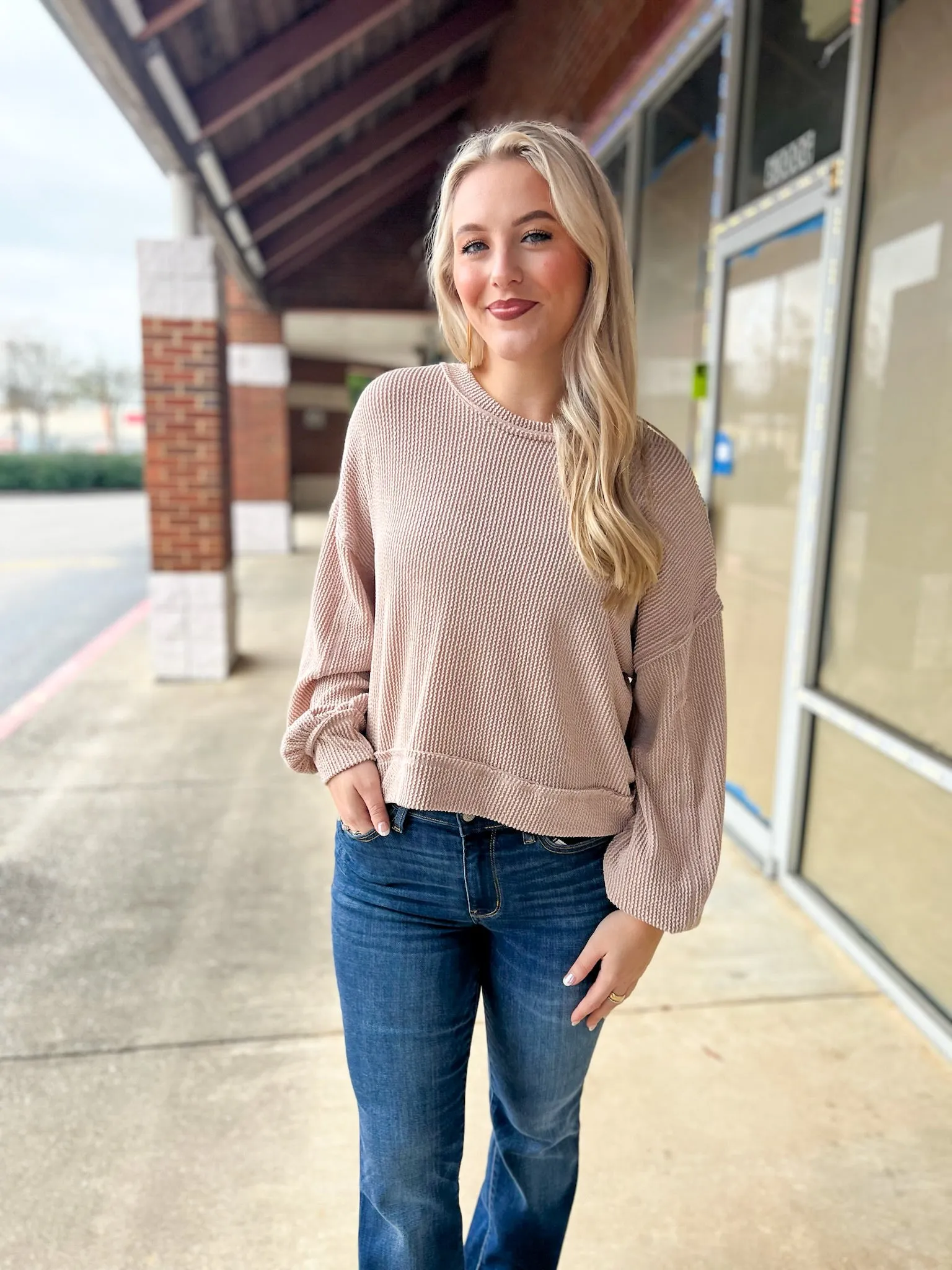 Before You Know It Oatmeal Ribbed Top with Long Drop Shoulder Sleeves