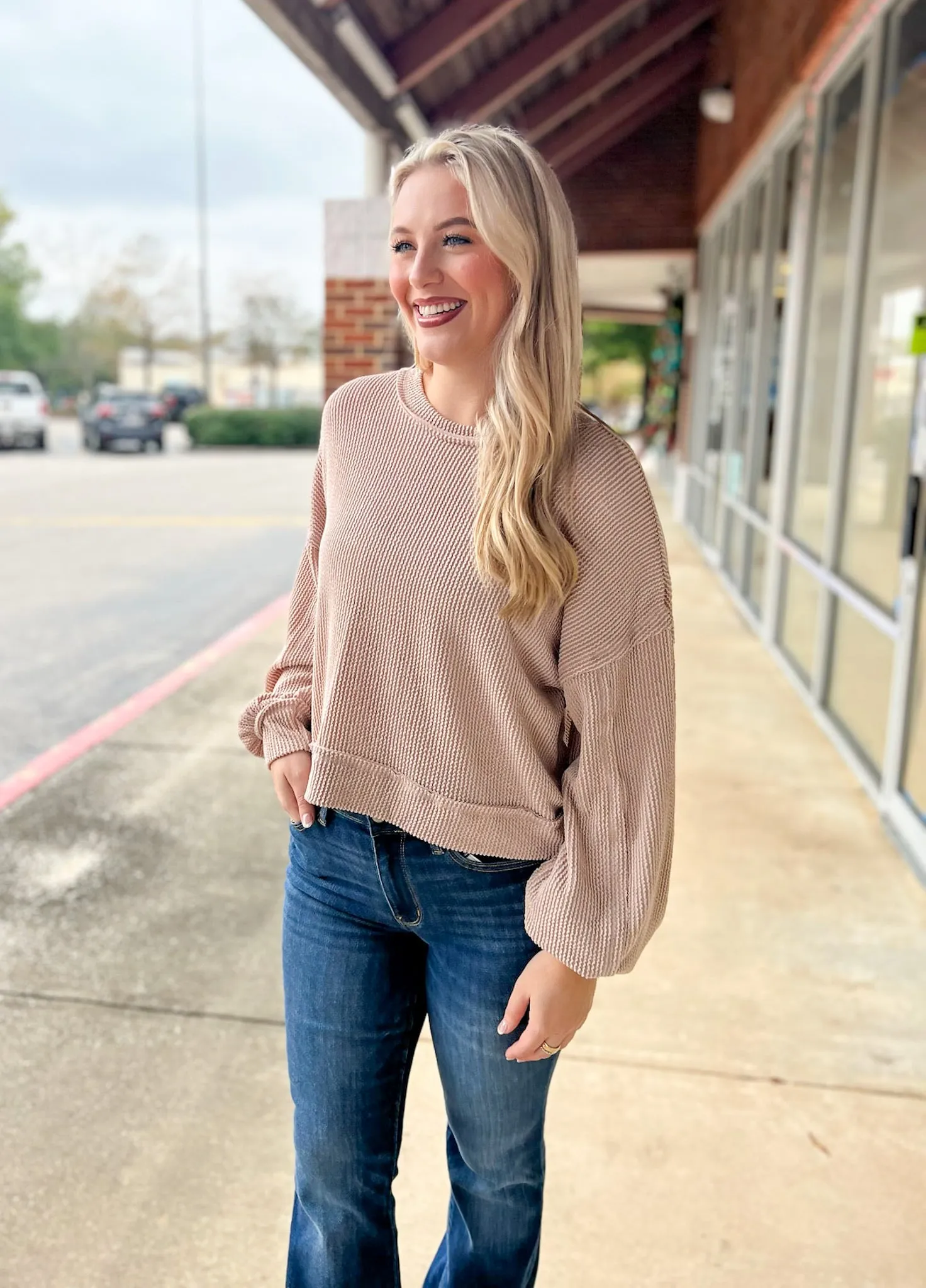 Before You Know It Oatmeal Ribbed Top with Long Drop Shoulder Sleeves