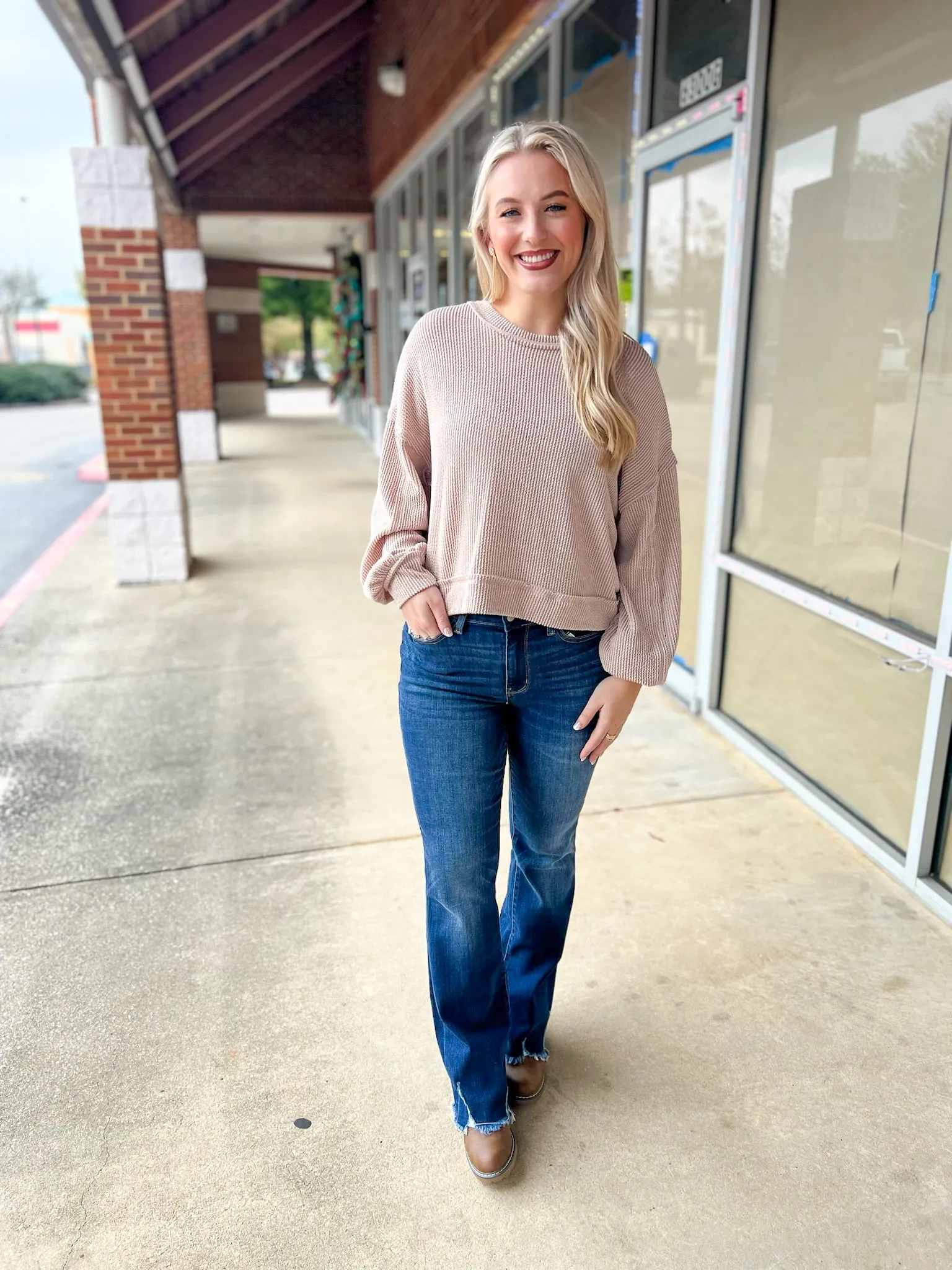 Before You Know It Oatmeal Ribbed Top with Long Drop Shoulder Sleeves