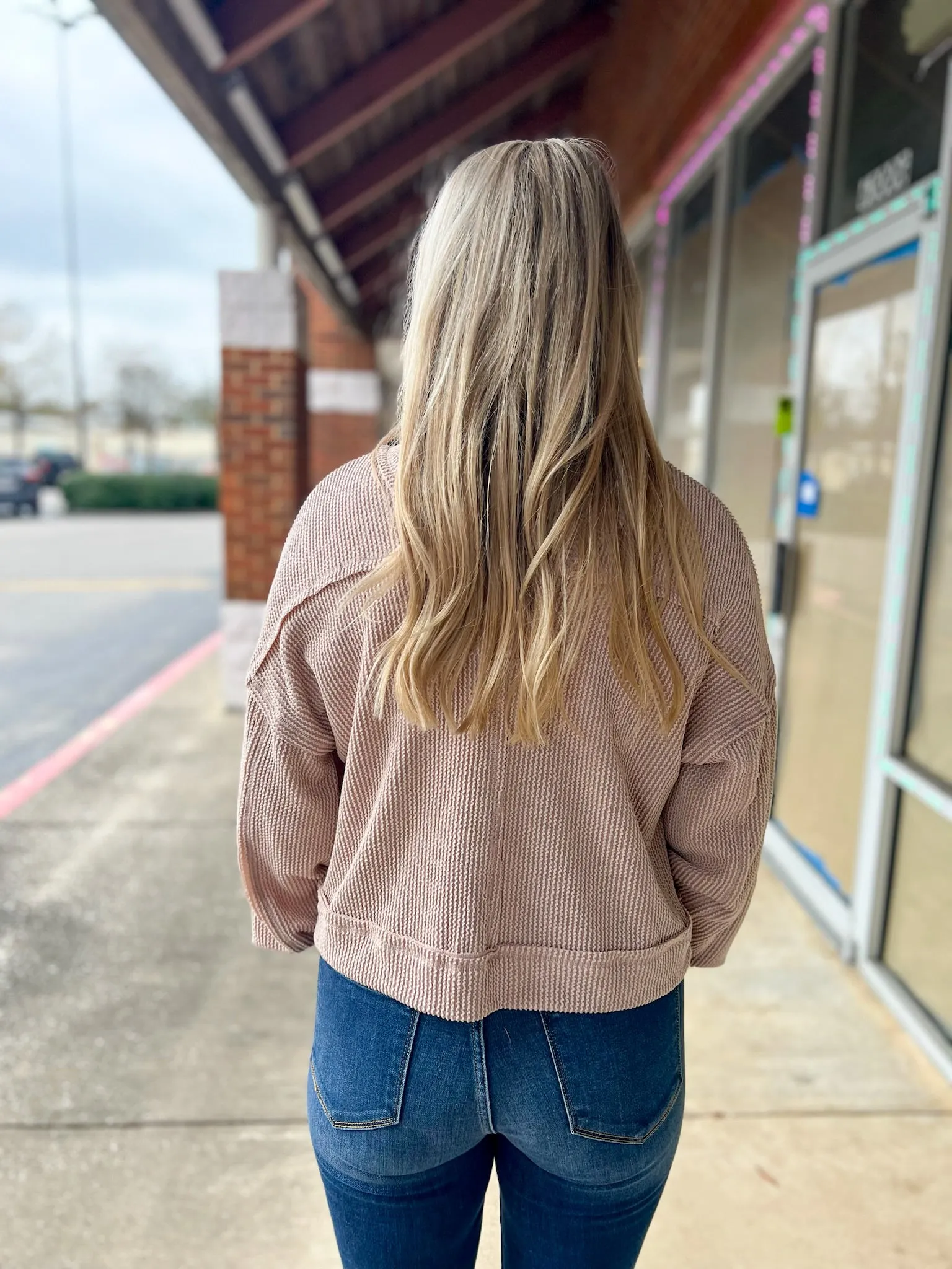 Before You Know It Oatmeal Ribbed Top with Long Drop Shoulder Sleeves