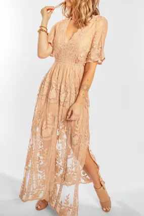 Beige Floral Lace Slitted Party Maxi Dress