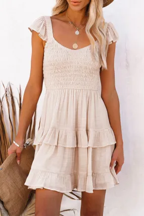 Beige Smocked Layered Ruffle Mini Dress