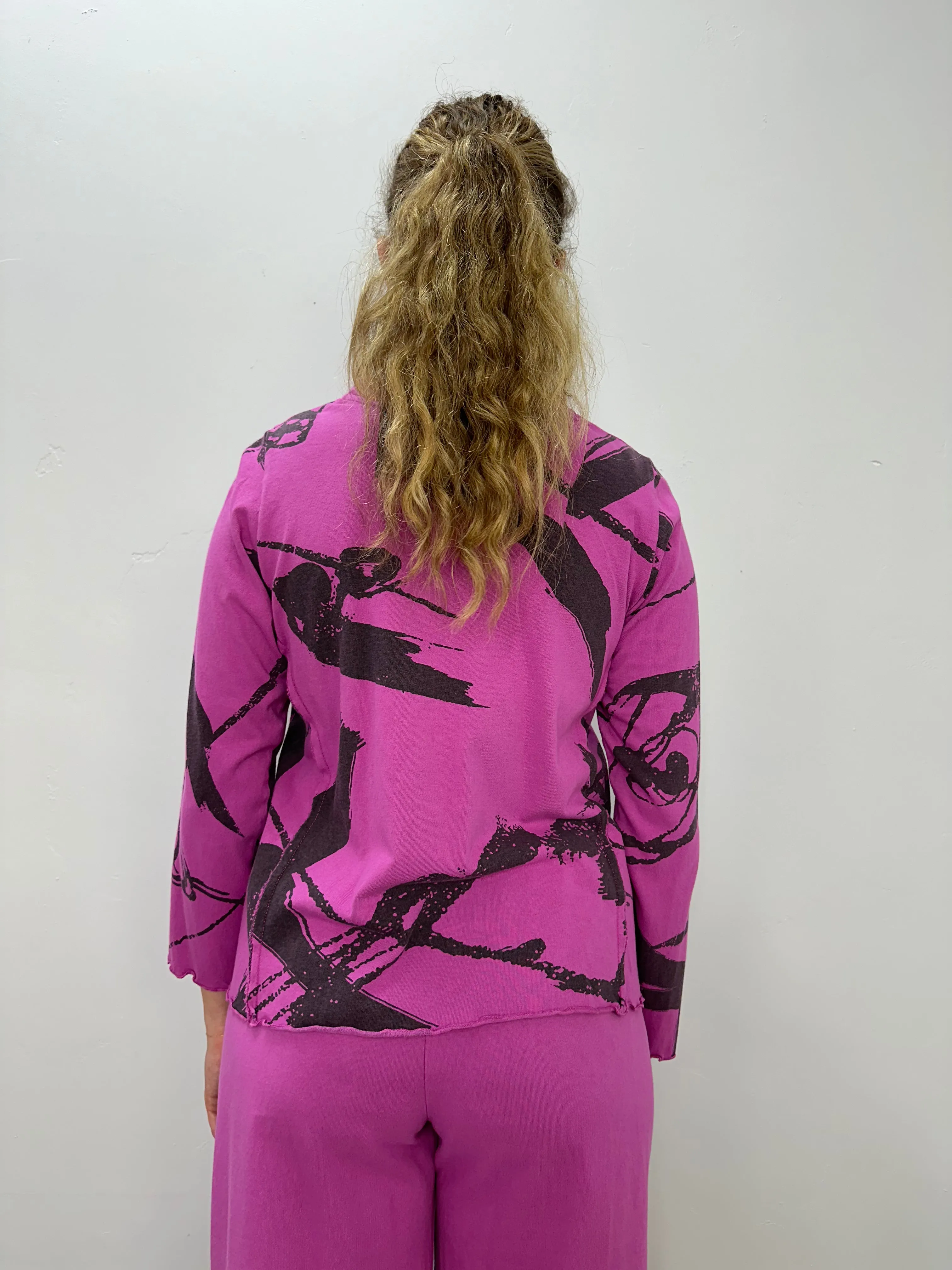 Berry Pink Pattern Long Sleeve Cotton Top