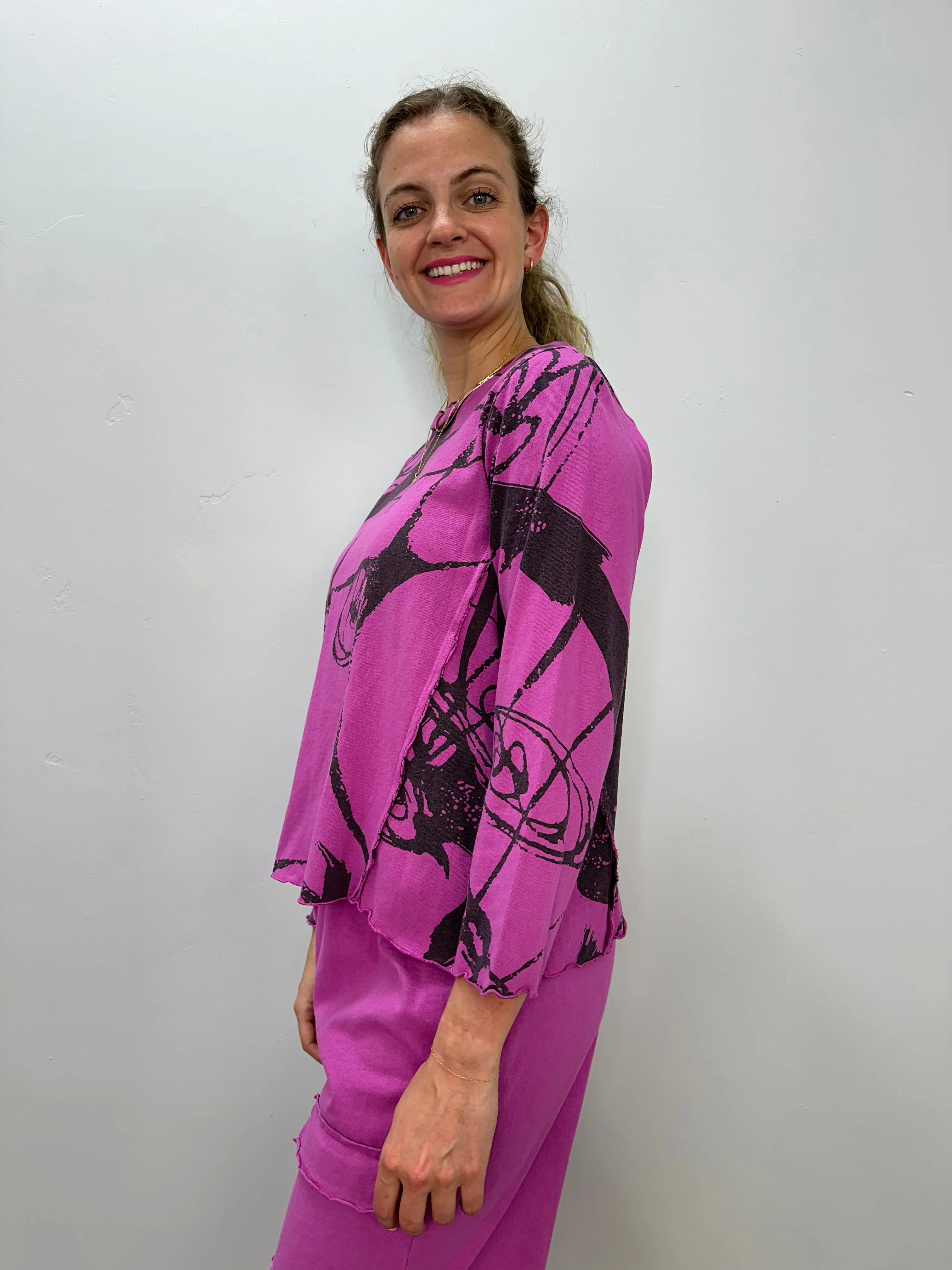 Berry Pink Pattern Long Sleeve Cotton Top