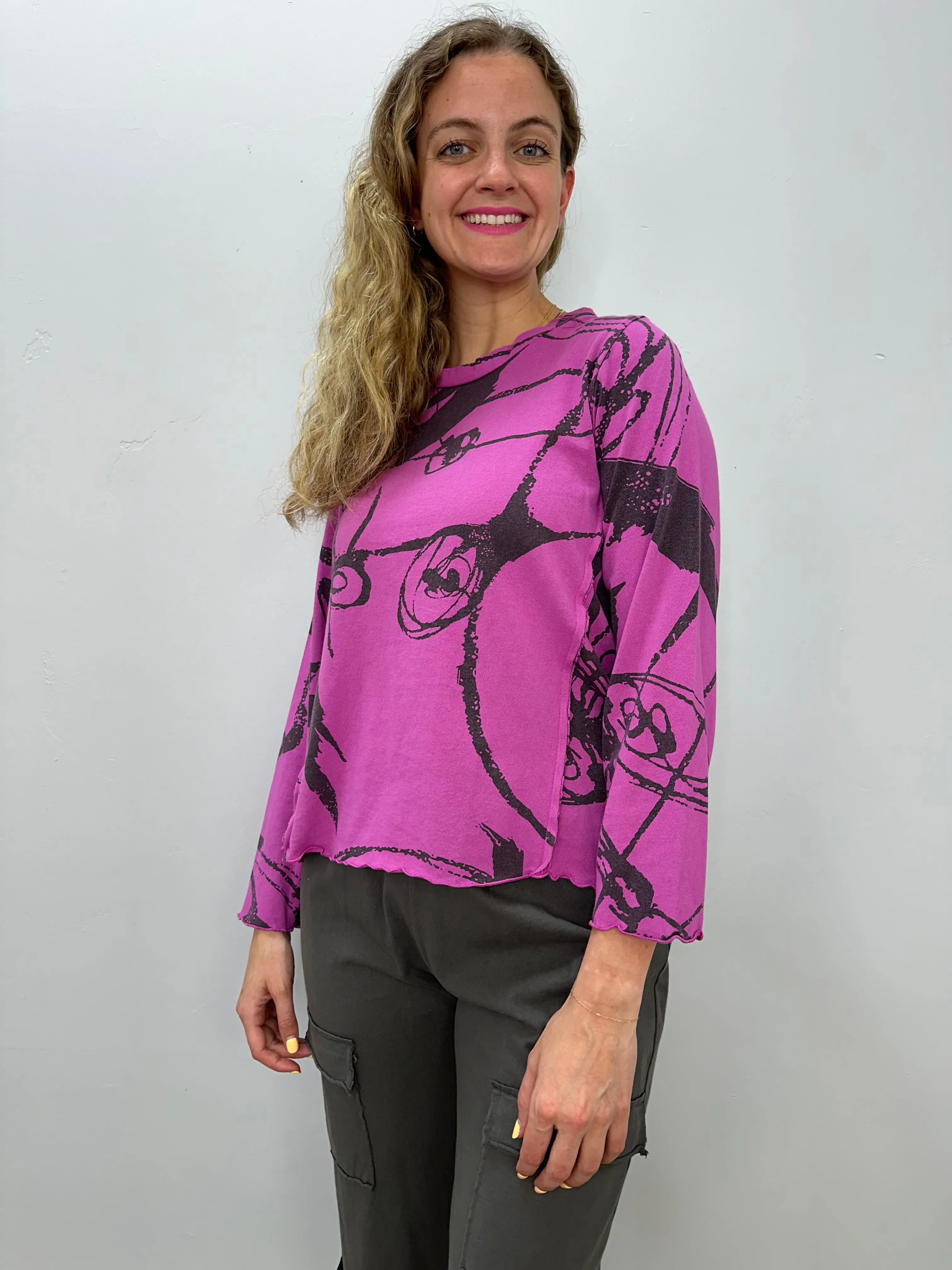 Berry Pink Pattern Long Sleeve Cotton Top