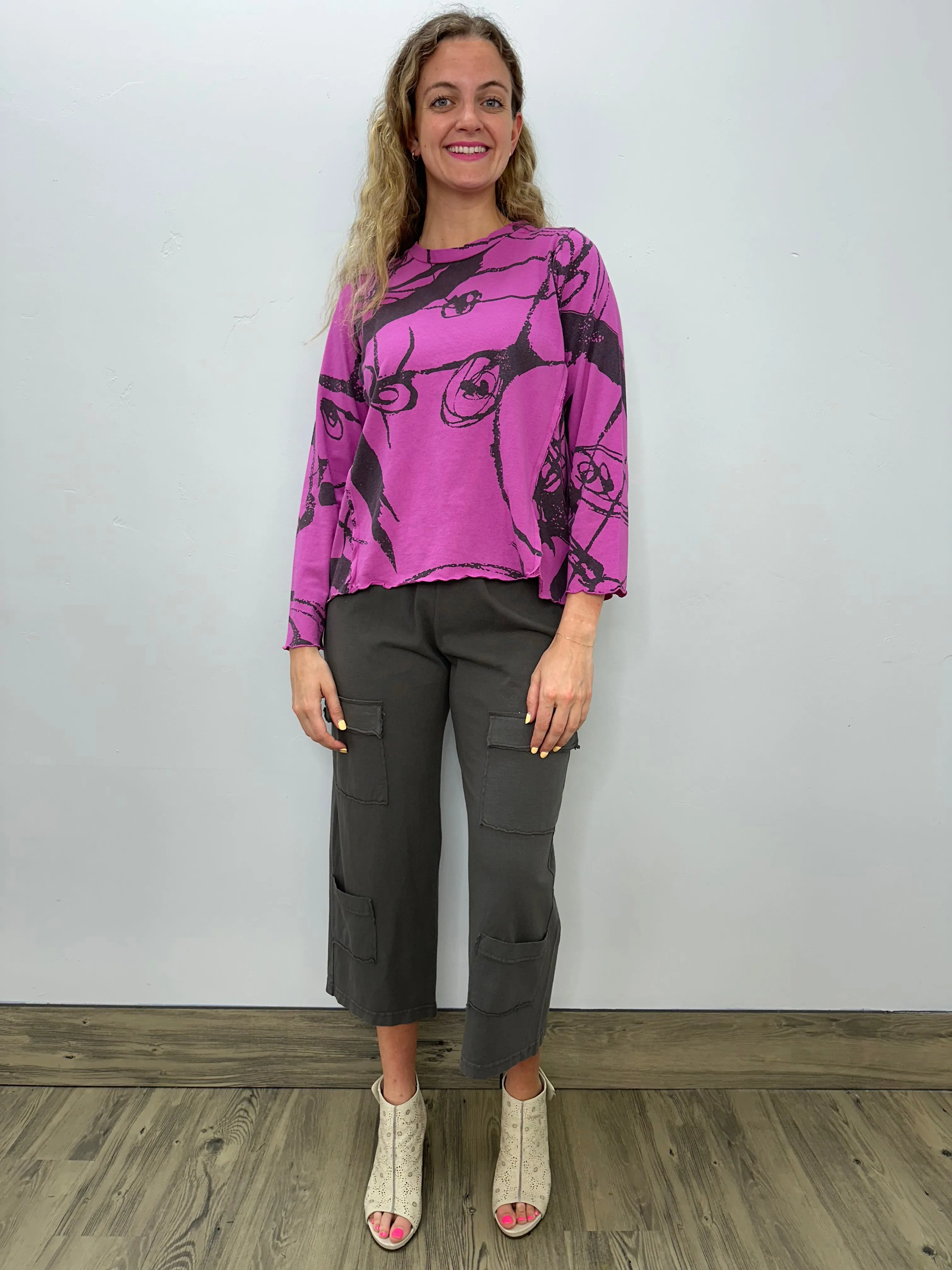 Berry Pink Pattern Long Sleeve Cotton Top