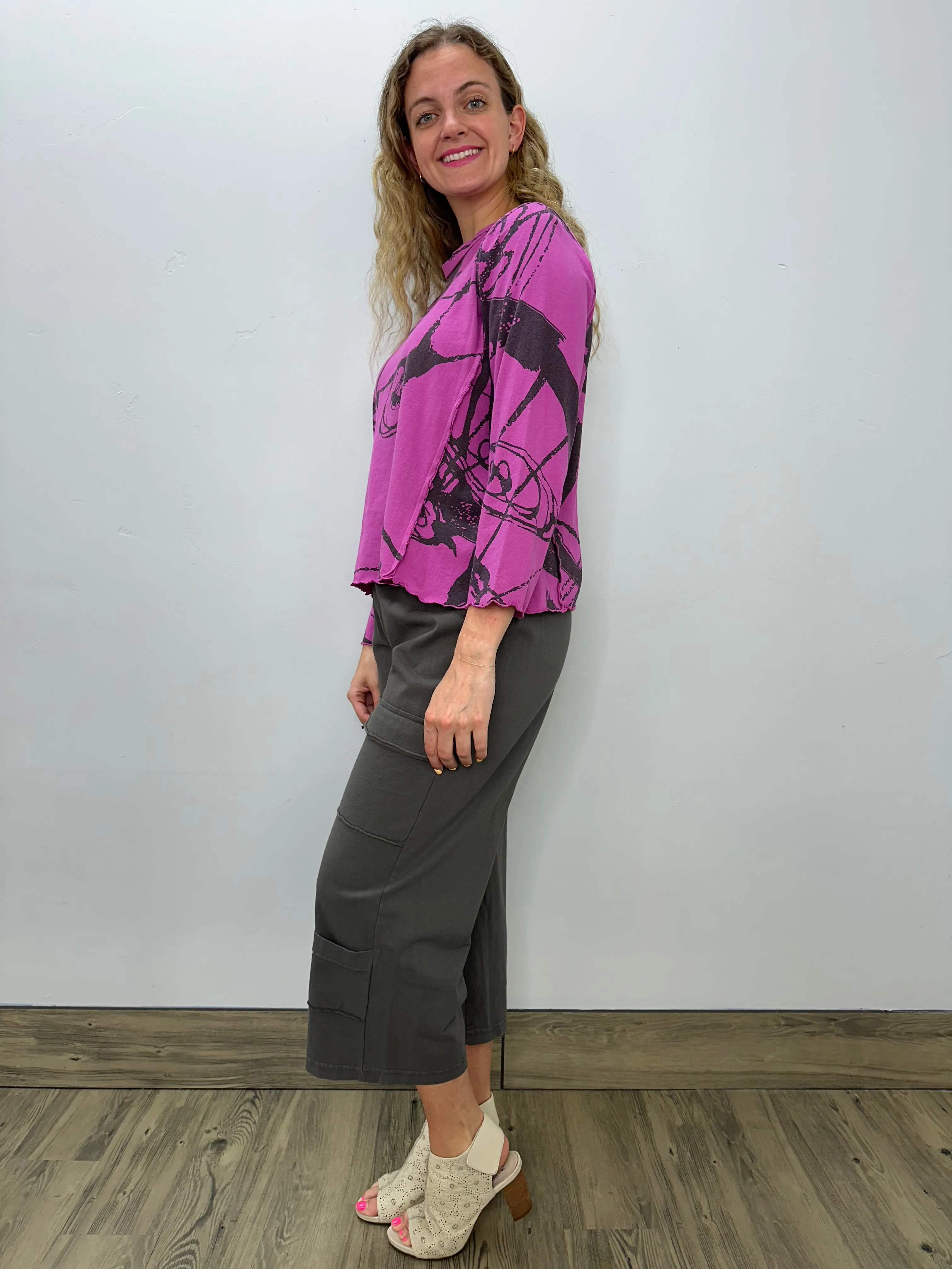 Berry Pink Pattern Long Sleeve Cotton Top