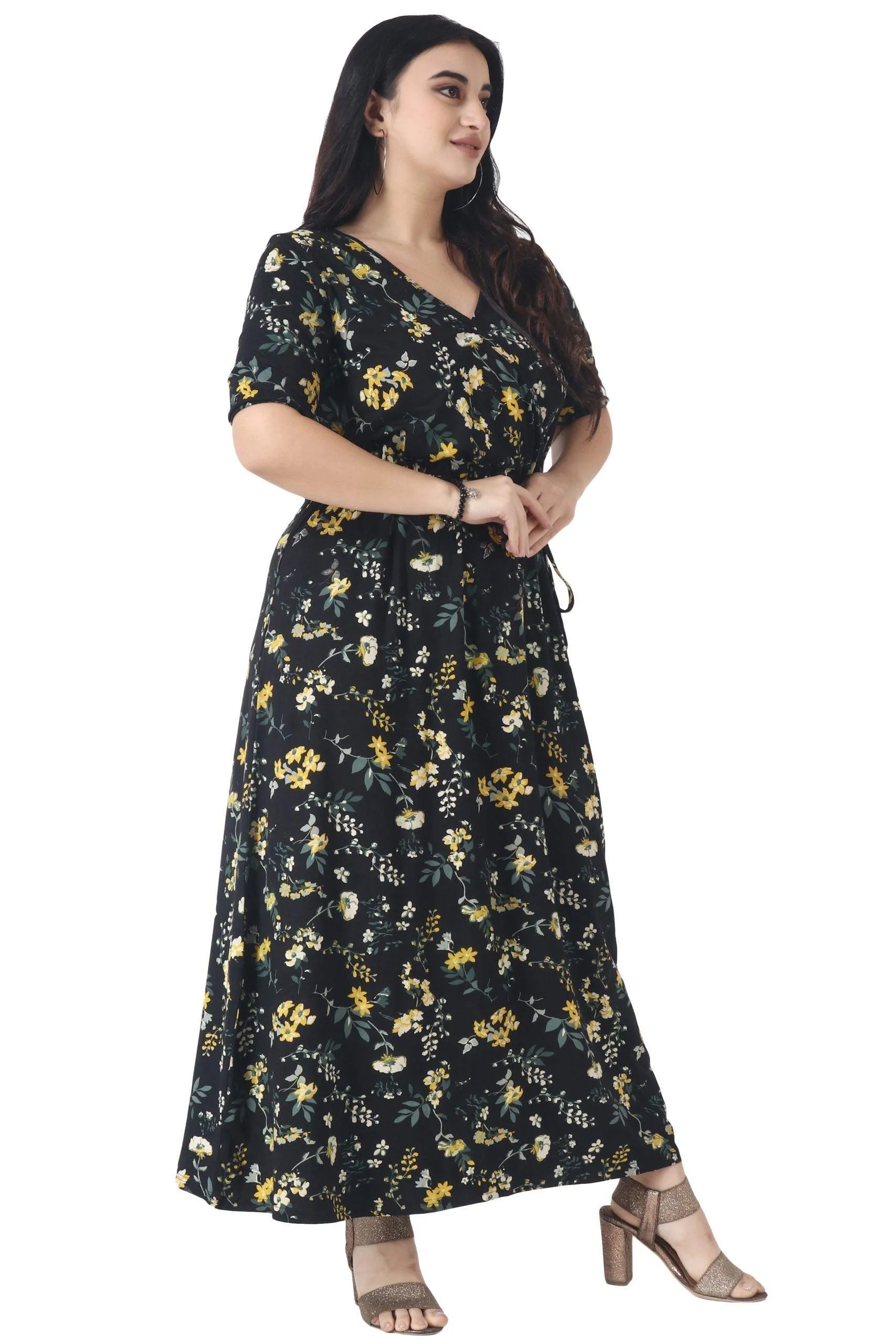 Black & Yellow Floral Printed Maxi Dress