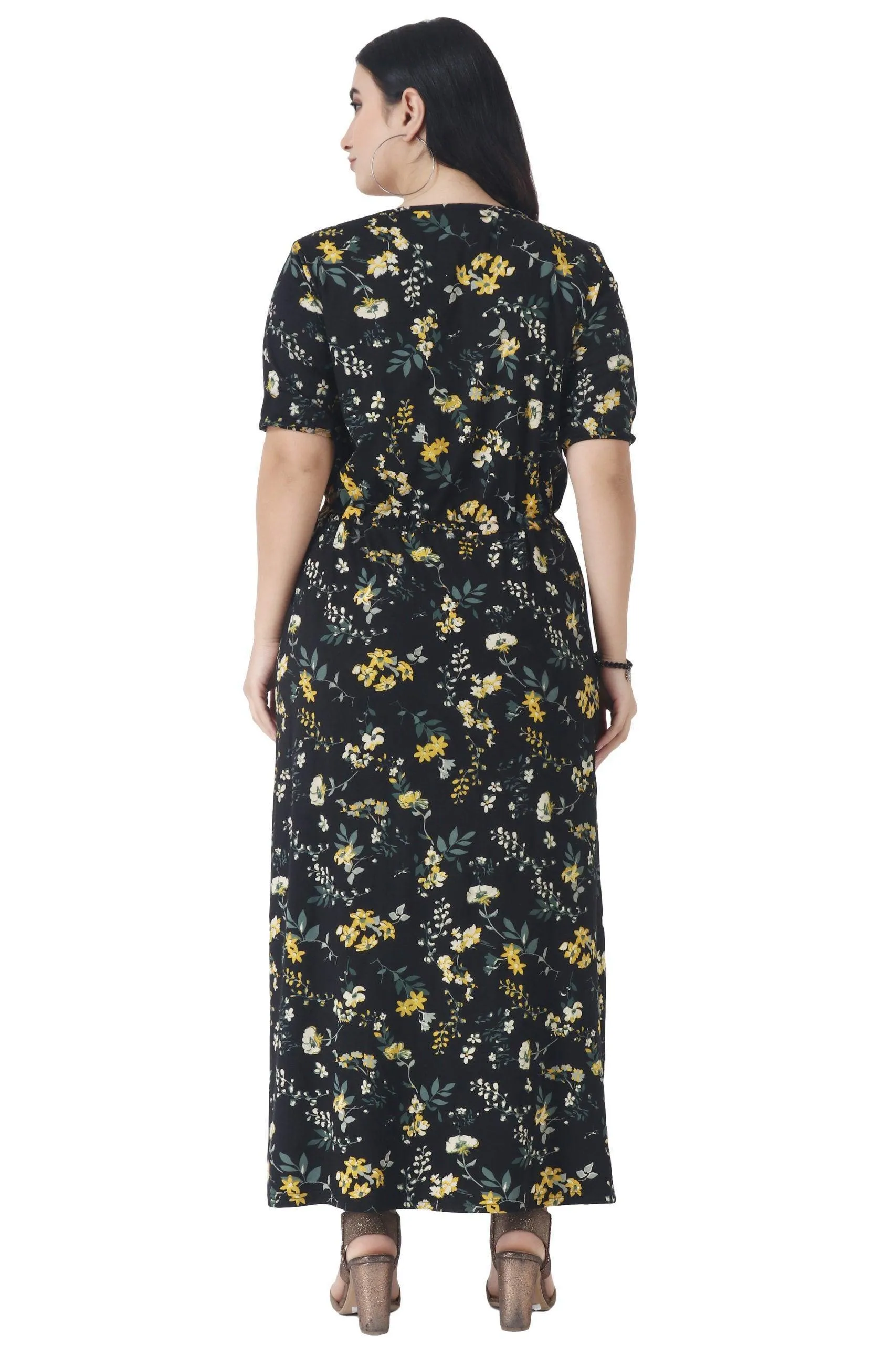 Black & Yellow Floral Printed Maxi Dress