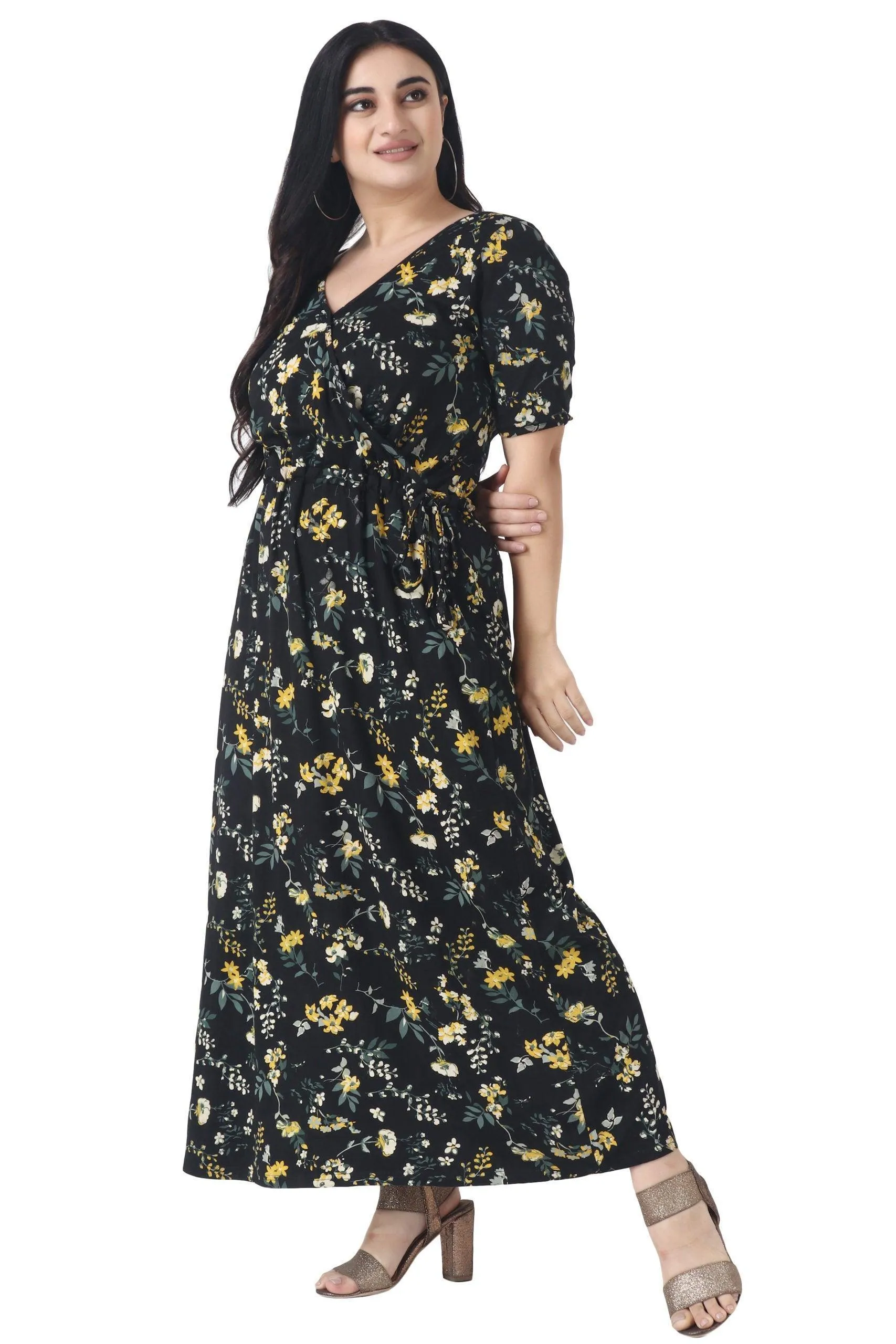 Black & Yellow Floral Printed Maxi Dress