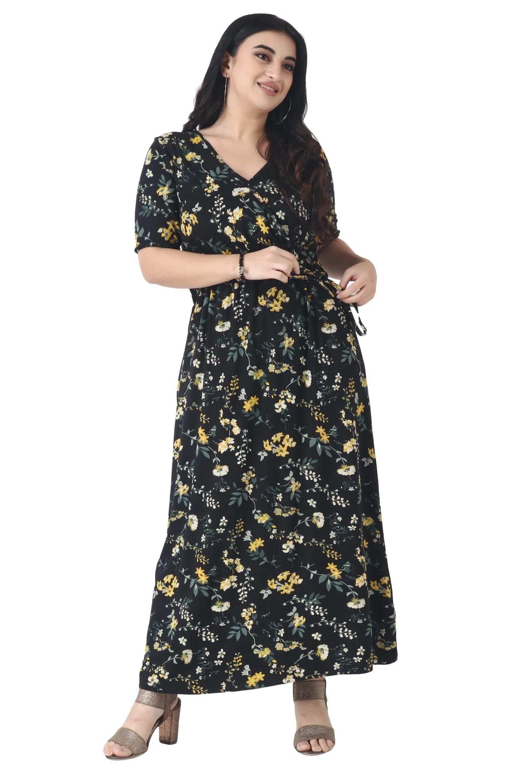 Black & Yellow Floral Printed Maxi Dress