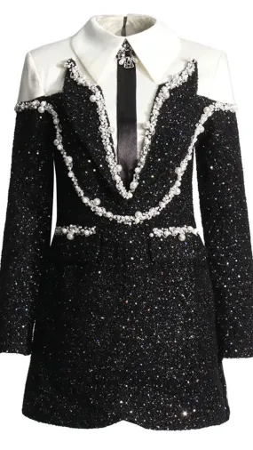 Black and White Dress with Heavy Pearl and Crystal Detailing