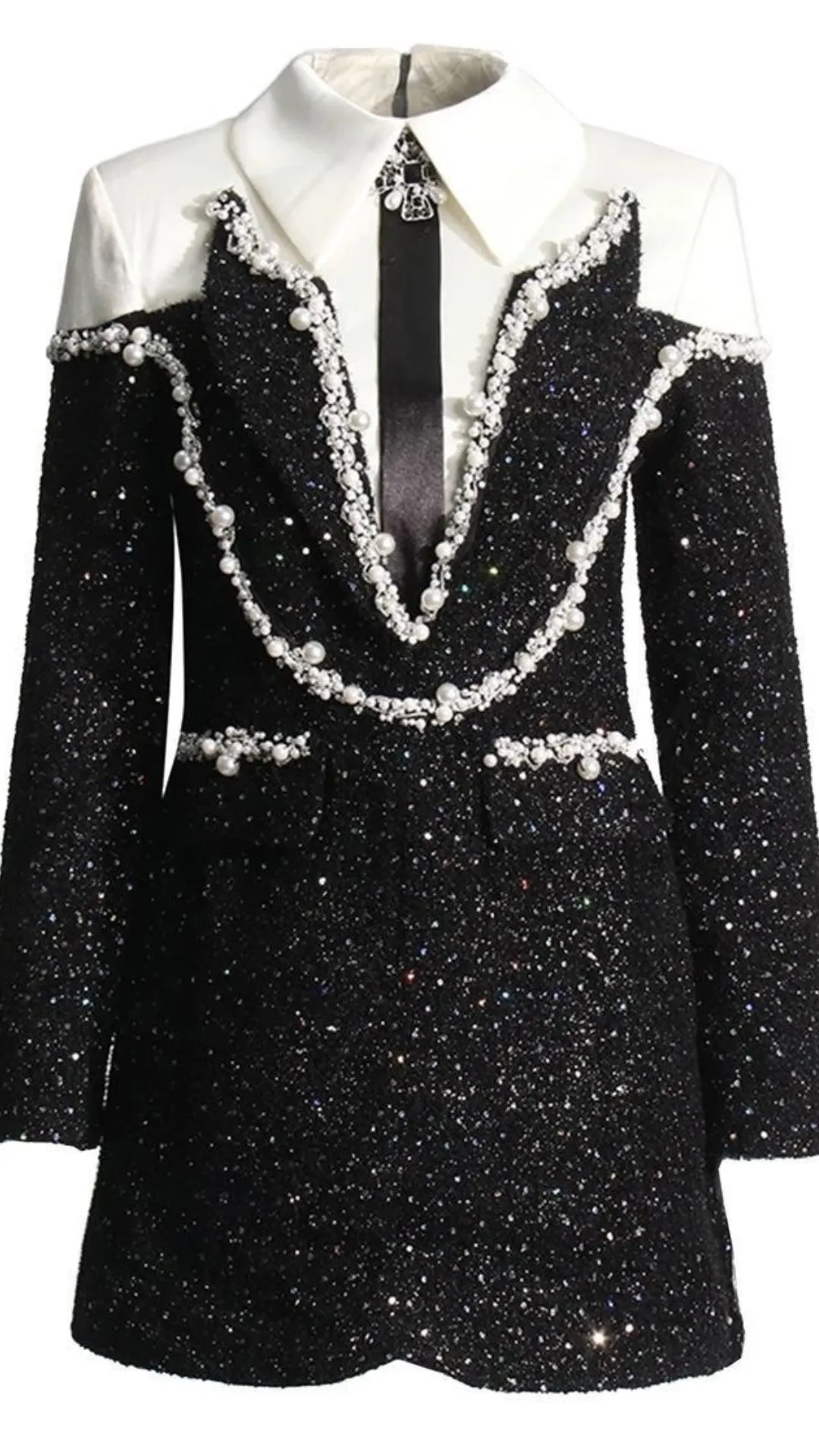 Black and White Dress with Heavy Pearl and Crystal Detailing