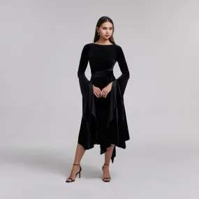 Black Cape Sleeve Twist-Waist Velvet Dress