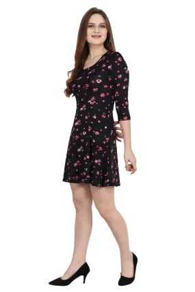 Black Floral Printed Flared Short Dress