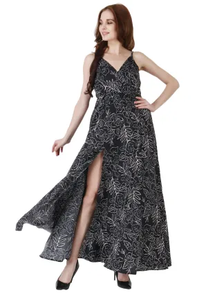 Black Floral Printed Slit Maxi Dress