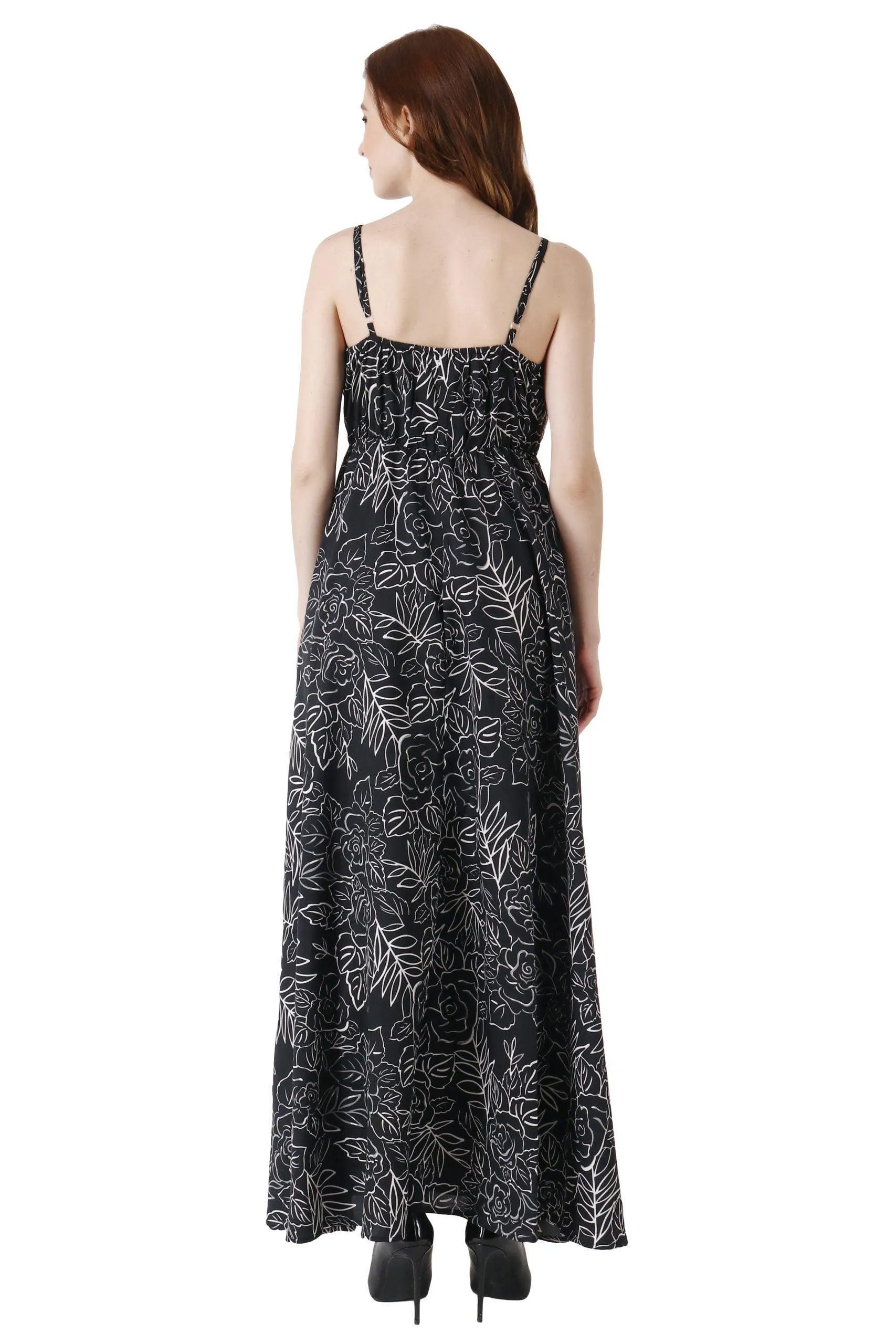 Black Floral Printed Slit Maxi Dress