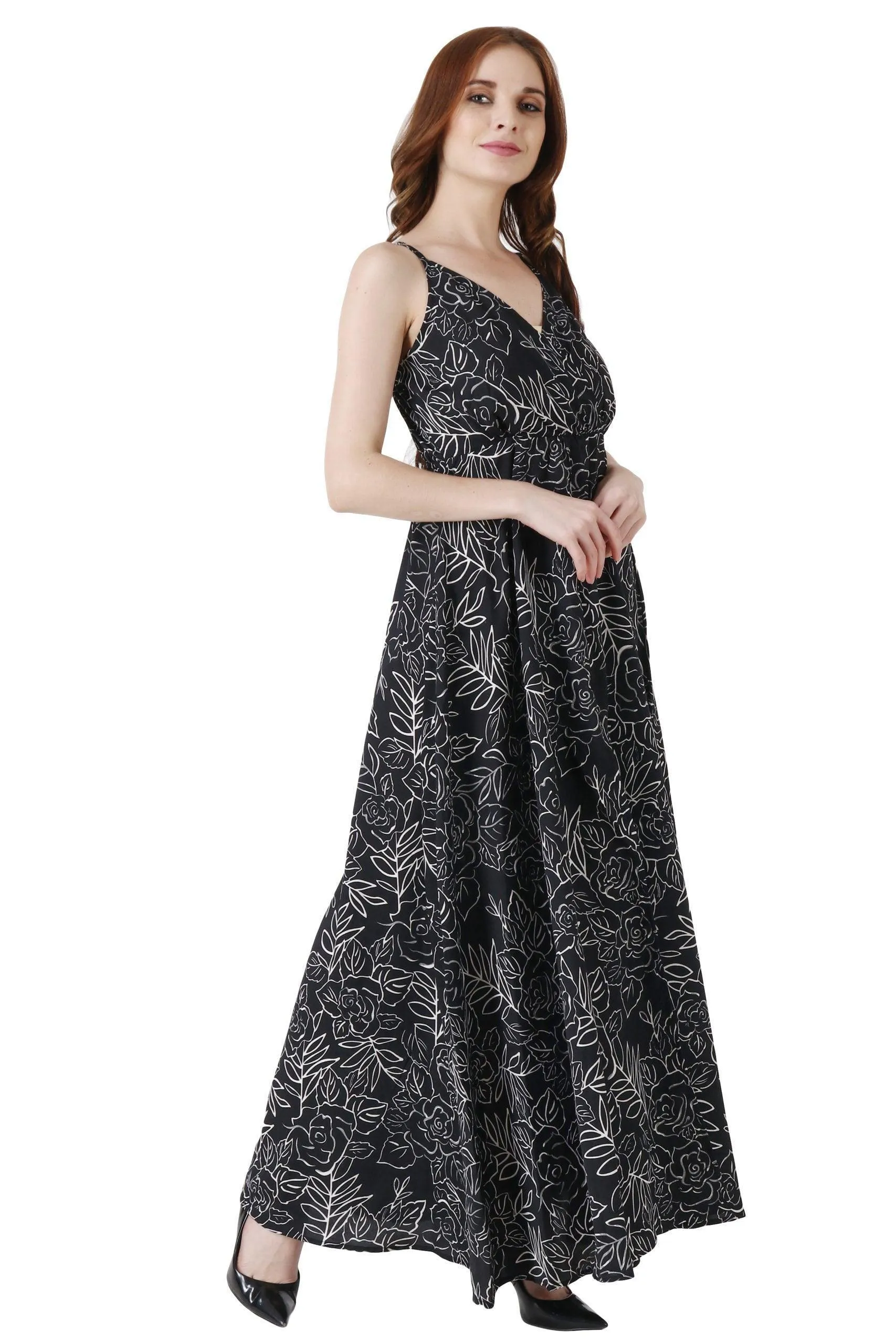 Black Floral Printed Slit Maxi Dress