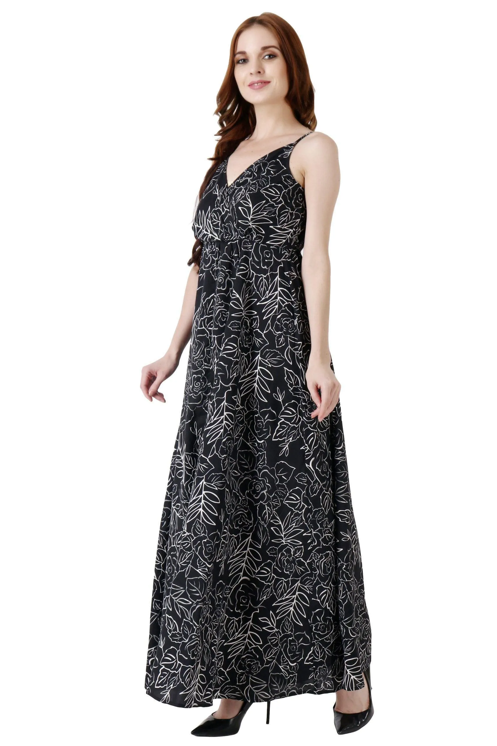 Black Floral Printed Slit Maxi Dress