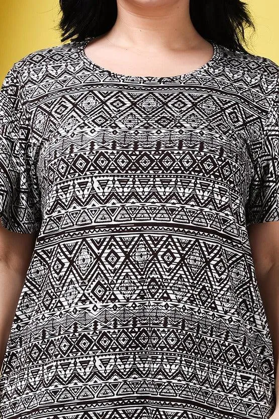 Black Geometric Printed Long T-shirt Dress