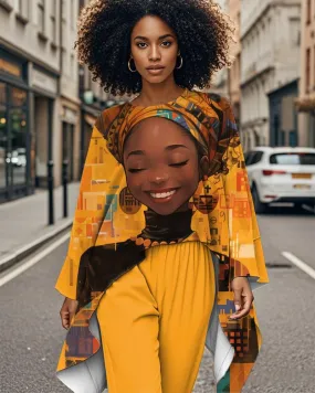 Black Girl Cartoon Oil Painting Personality Print Irregular Hem Long Sleeve Top